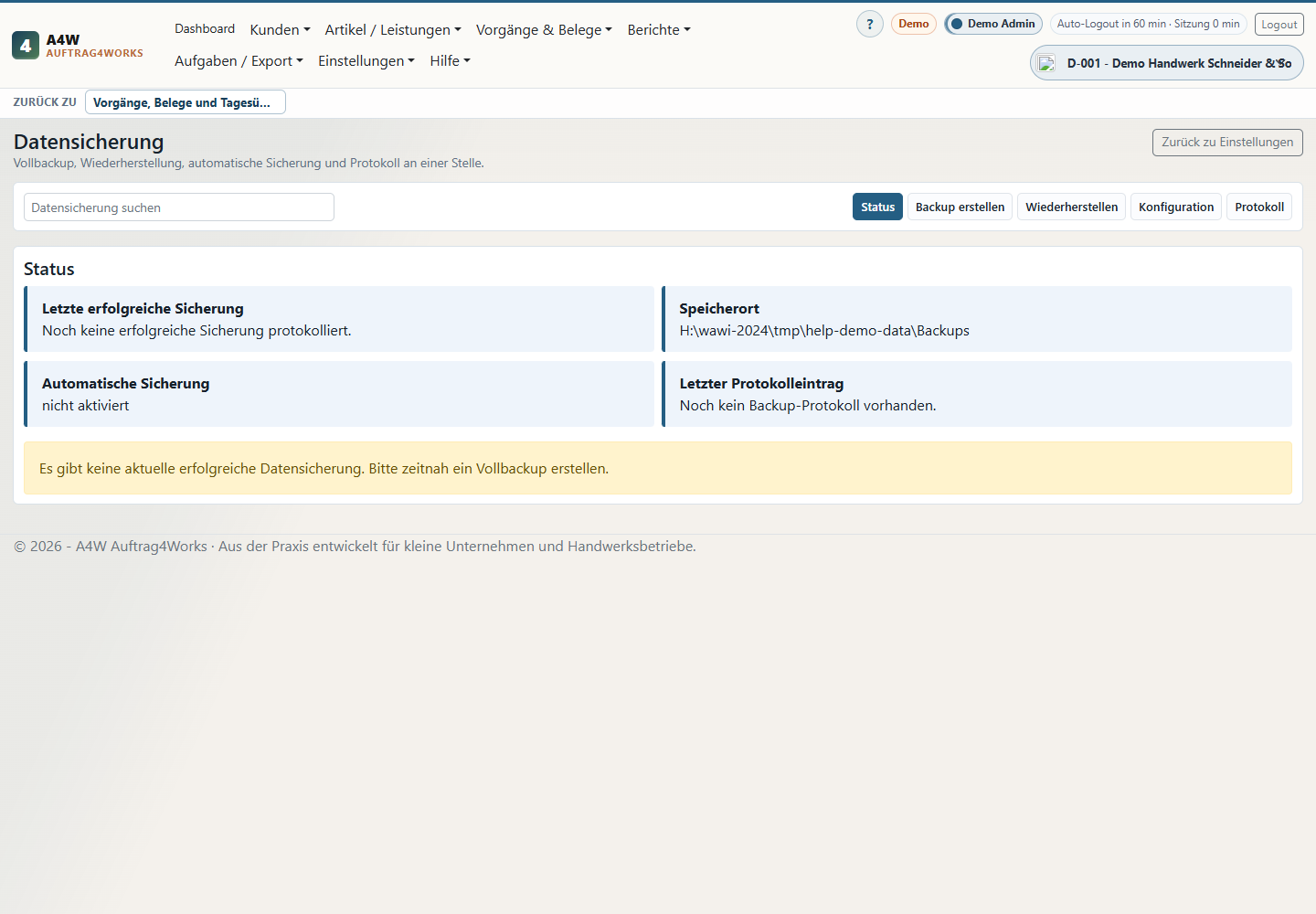 Datensicherung in A4W mit Backup-Liste und Wiederherstellung