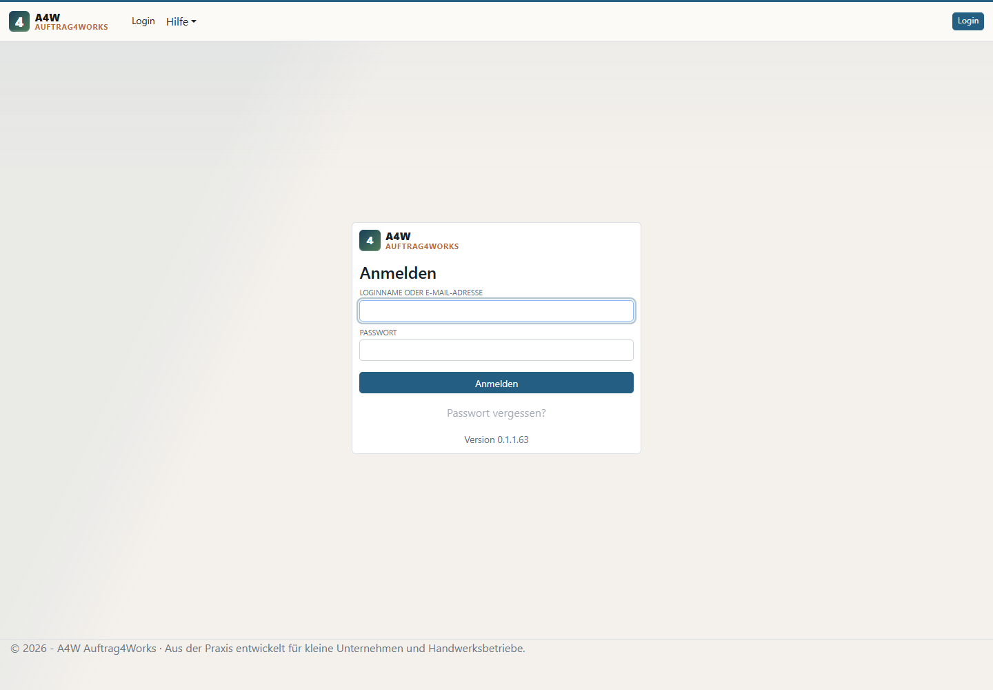 A4W Anmeldung mit Loginname oder E-Mail-Adresse und Passwort